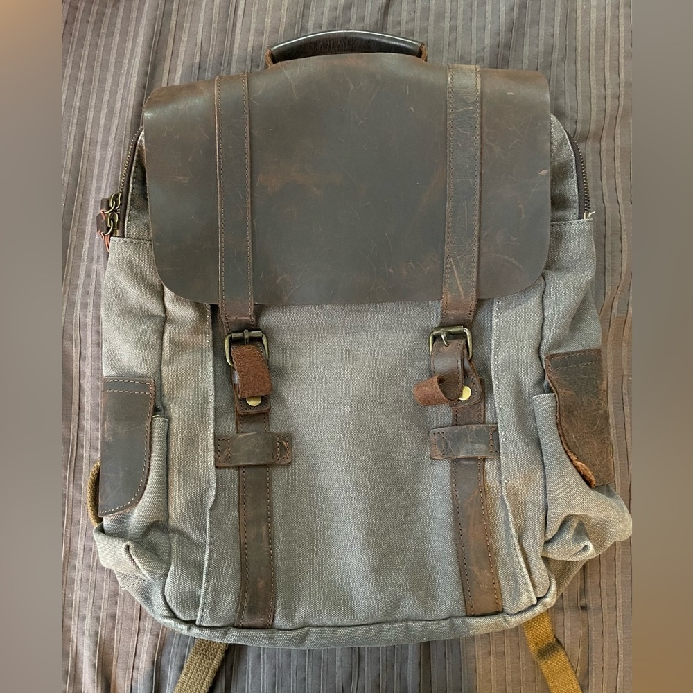 Canvas/Leather Gray and Brown Backpack
